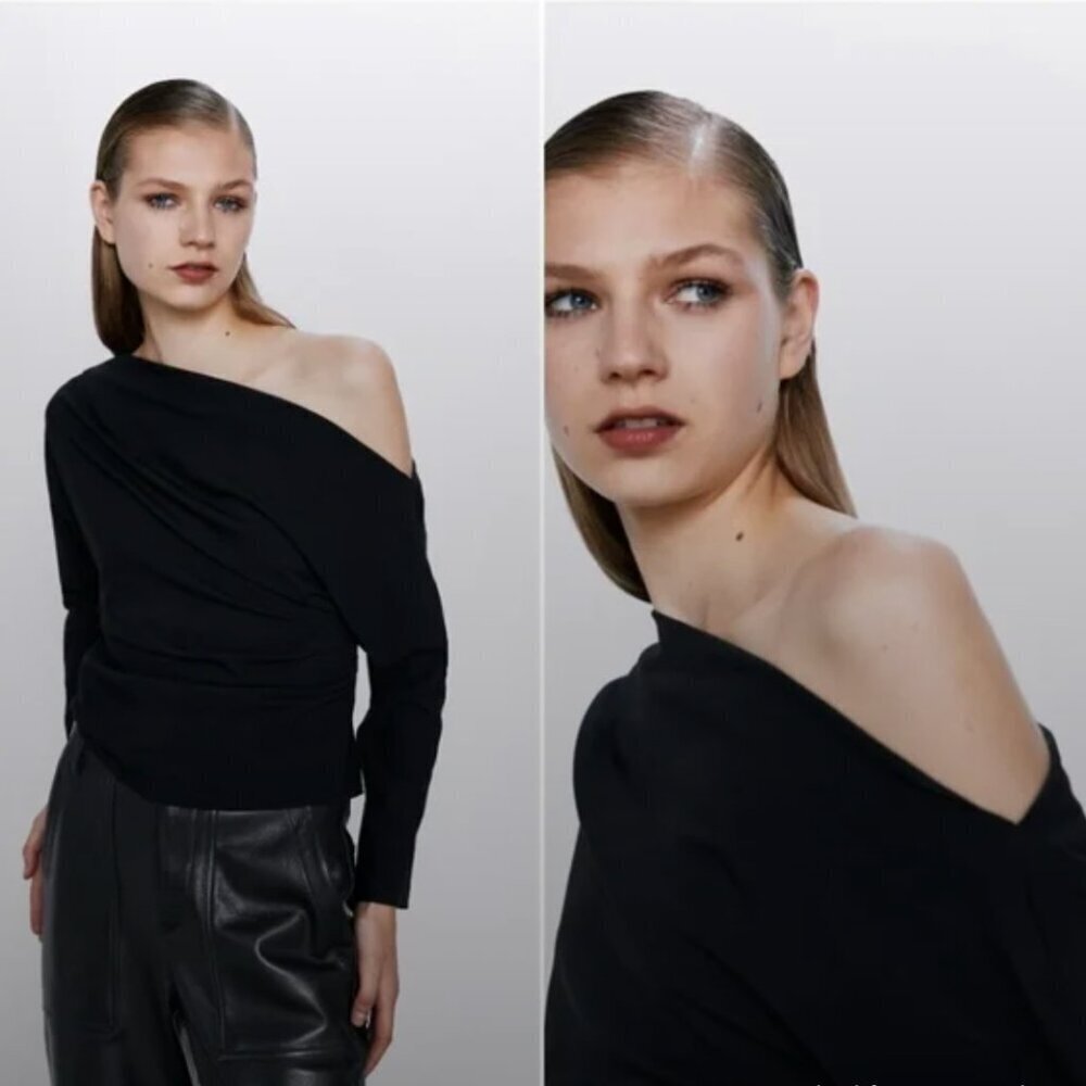 ZARA WOMAN BLACK RUCHED TOP Size M NEW WITH TAG!